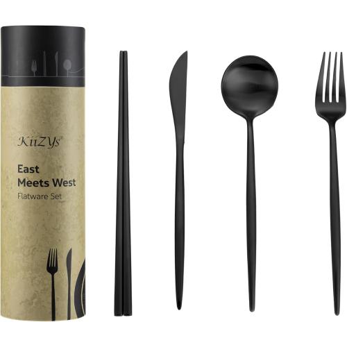 KiiZYs Matte Black Silverware Set - 8-piece Modern Flatware Stainless Steel Chopsticks – Kitchen Utensils Gifts for Couples - Cutlery Spoon Fork Knife Dishwasher Safe New Home (Black, Service for 2)