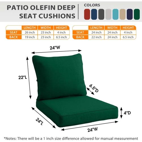 Sundale Outdoor Olefin Deep Seat Cushion, Patio Chair Cushion and Pillow, Water-Resistant Sectional Sofa Pad with Straps Dark Green, 24 x 24 x 4 Inches
