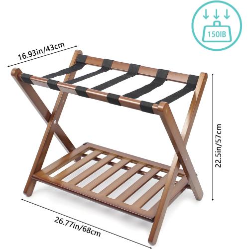 Fully Assembled Walnut Bamboo Luggage Rack with Shoe Shelf, Folding Suitcase Stand with 5 Heavy-Duty Straps, Large Wooden Luggage Holders for Guest Room, Ideal for Bedroom, Hotel