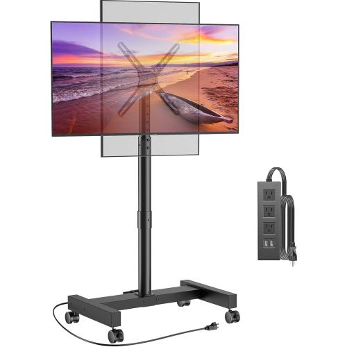 Perlegear Rolling TV Stand with Power Outlet, Tilt & Rotation TV Cart - Ideal for 26-50 Inch TVs up to 55 lbs, Featuring 8 Height Settings, Max VESA 300x300mm, PGTVMC19