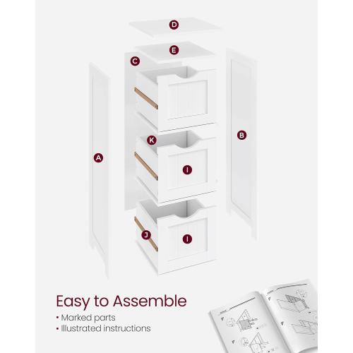 VASAGLE Bathroom Floor Cabinet, Free-Standing Storage Cabinet with 3 Drawers, 11.8 x 12.6 x 31.9 Inches, for Bathroom, Living Room, Kitchen, Modern Style, White UBBC50WT