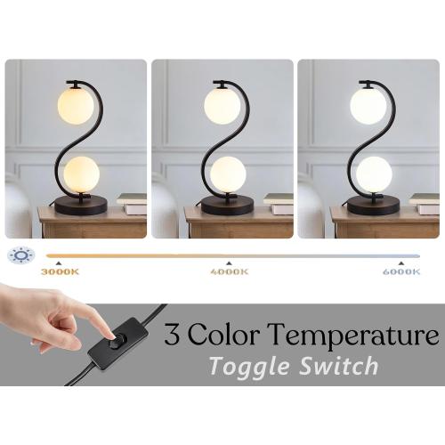Modern Black S-Shaped Table Lamp 2-Lights Globe Glass Desk Lamp Plug in Metal 3 Color Temperatures Bedside Light Fixtures for Bedroom Living Room Office Study Corner