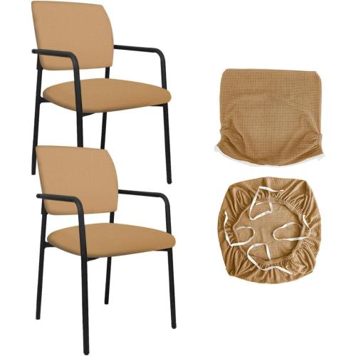 Stretch Office Guest Chair Cover 2-Piece Split Protective Armchair Slipcover Jacquard Chair Cover with Arms for Office Reception School Church Guest, Set of 2, Large, Khaki