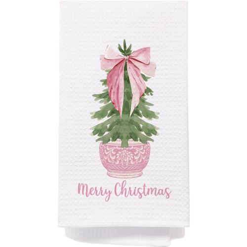 SPBL&L Pink Chinoiserie Christmas Towels, Coquette Christmas Tree Dish Towels, Grandmillennial Decor, Hand Towels for Bathroom & Kitchen