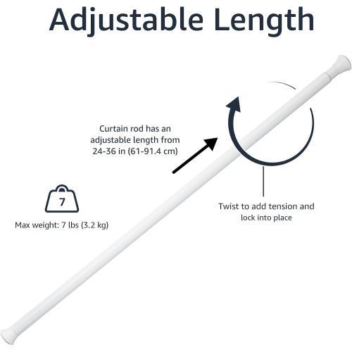 Amazon Basics No Drill Spring Tension Curtain Rod, Adjustable 24-36 Width, White, Classic Finial