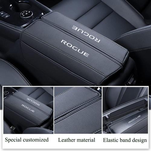 XITER with Rogue Logo 1PC Leather Center Console Armrest Cover with Side Pockets for Nissan Rogue 2021 2022 2023 2024 2025 2026 Accessories(Black Stitches)