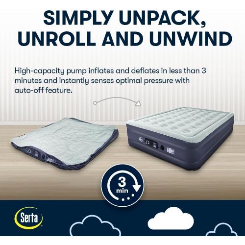 Serta Raised Air Mattress with Never Flat Pump | Luxury Inflatable Mattress with Built in Air Pump to Ensure a Good Night’s Rest | Heavy Duty Blow Up Mattress with Self Inflating Pump