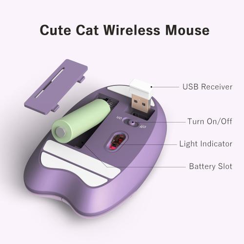 Cute Cat Wireless Mouse, 2.4GHz Wireless Silent Mouse, USB Receiver Plug and Play, 3 Adjustable DPI, Compatible with Notebook, PC, Laptop, Computer- Purple Colorful