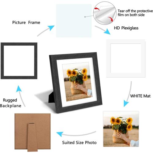 8x8 Picture Frame Rustic Black Wood Set of 6,Display Pictures 5x5 with Mat or 8x8 Without Mat,Multi Photo Frames Collage for Wall or Tabletop Display