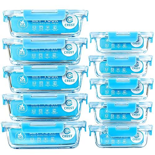 C CREST Glass Meal Prep Containers, [10 Pack] Glass Food Storage Containers with Lids, Airtight Bento Boxes, BPA Free & Leak Proof (10 Lids & 10 Containers)
