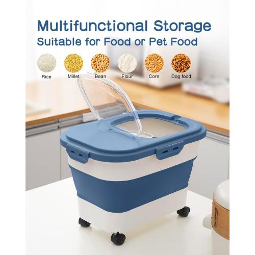 Rice Storage Container,Collapsible Food Storage Containers with Rolling Wheel Airtight Locking Lid,Flour Storage Container with Cup and Scoop,Suitable for Food,Rice,Pet Food,Flour