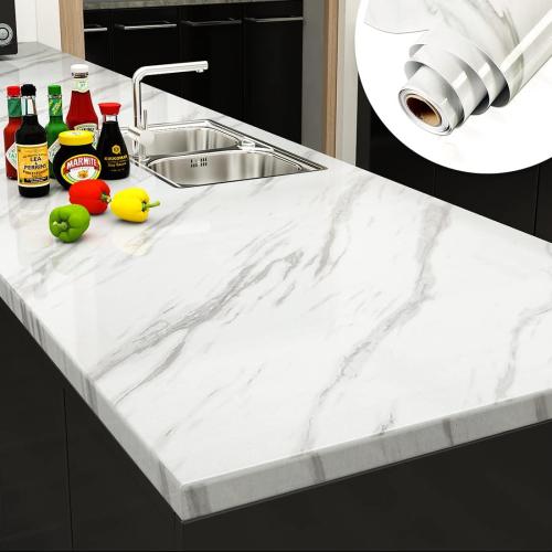 YENHOME 30X200 White Marble Contact Paper for Countertops Waterproof Self Adhesive Marble Peel and Stick Wallpaper Peel and Stick Countertops for Kitchen Bathroom Cabinet Vinyl Counter Cover Glossy