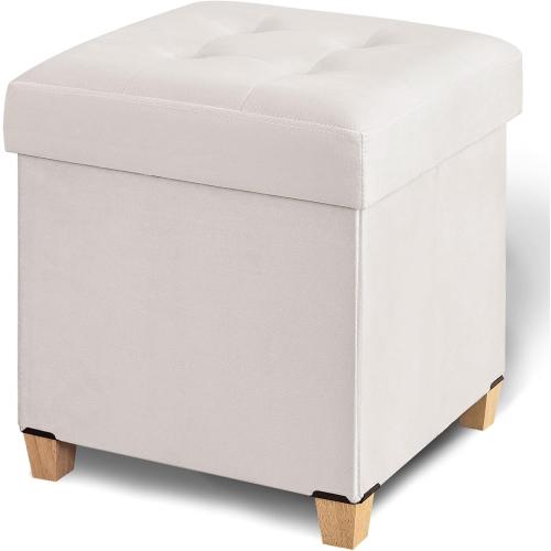 Ottoman with Storage, Square Storage Ottoman for Dorm, Velvet Ottomans with Legs for Living Room, Bedroom, 17.7 D x 17.7 W x 19.9 H, Cream White