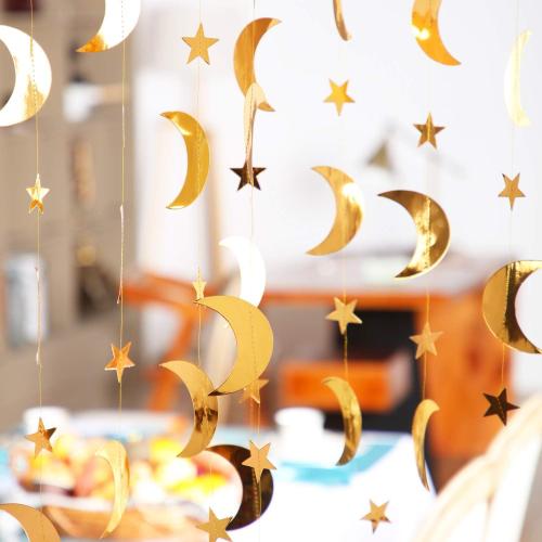 Glitter Star Moon Garland Banner Decor, 130 Feet Star Hanging Bunting Banner Gold Bright Moon Paper Garland Backdrop for Graduation Class Congrats Grad Eid Muburak Party Decoration(Gold)