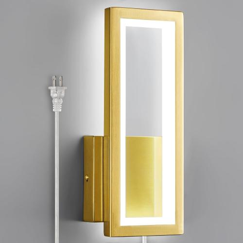 Modern Gold Plug in Wall sconces 18W Indoor LED Simple Wall Fixture 6000K Rectangle Vanity Wall Lights for Living Room Bedroom Hallway Stairs(1Pack)