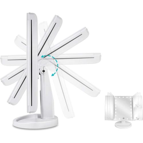 deweisn Floor Mount Tri-Fold Lighted Vanity Mirror with 21 LED Lights, Touch Screen and 3X/2X/1X Magnification, Two Power Supply Modes Make Up Mirror,Travel Mirror