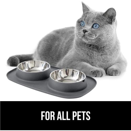 GORILLA GRIP Feeding Mat Set, Patent Pending 100% Waterproof BPA Free Silicone, Stainless Steel Cat and Dog Bowls, Slip Resistant, High Edges Catch Water Food, US Designed Pet Accessories, 2 Cup Gray