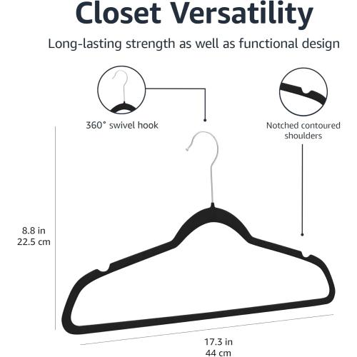 Amazon Basics Slim Velvet Non-Slip Space Saving Suit Clothes Hangers, Closet Organizer, Black,