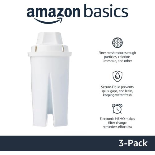 Amazon Basics Replacement Water Filters for Water Pitchers, BPA-Free, WQA & NSF Certified, Compatible with Brita Water Pitchers & Drinking Water Filter Systems, 6 Month Filter Supply, 3-Pack