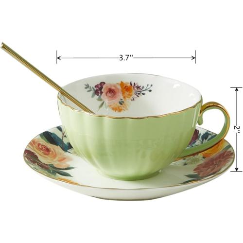 Lyellfe Set of 2 Tea Cup and Saucers, 8 Oz Floral Tea Cups with Gold Trim and Spoon, Porcelain British Coffee Cups for Party Christmas Birthday Wedding Gifts