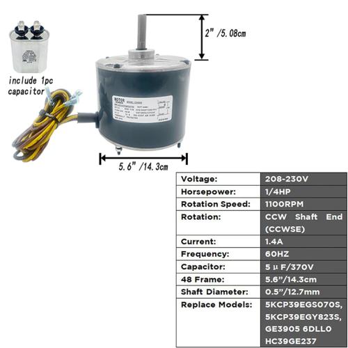 Condenser Motor Replaces Carrier # 5KCP39EGS070S,5KCP39EGY823S Genteq #GE3905, Bryant Payne HC39GE236,237 HC39GE234A Dayton 6DLL0, 1/4HP 1100 RPM 208-230V 48Frame with Capacitor OEM Upgraded LEUNGOO