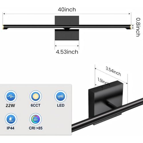 Modern Bathroom Vanity Light 40 inch, 22W Dimmable 6CCT Led Bathroom Light Fixture Over Mirror, Black Bar Vanity Light for Mirror FCC Certificated