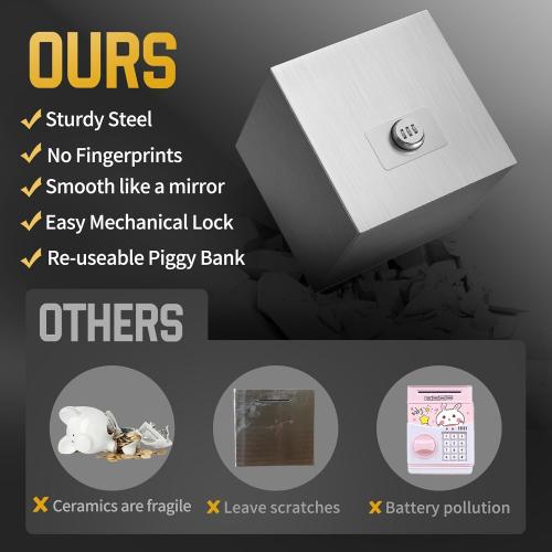 hicocool Piggy Bank for Adults Password Stainless Steel Reusable Piggy Bank, Metal Money Box with Lock, Unbreakable Money Saving Box for Cash Saving(7.9 inch, Silver)