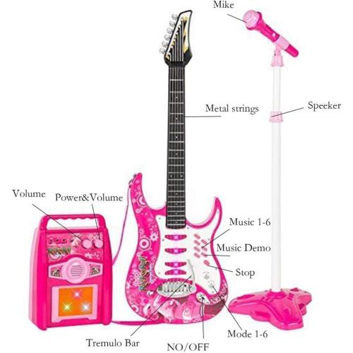 Willbebest Kids Karaoke Microphone & Guitar Set - Electric Guitar with Microphone Amplifier for Boys & Girls (Pink)