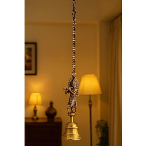 Nams Indian Handicraft Pure Brass Lord Krishna Bell for Home Temple, Mandir Pooja Room Auspicious Décor Traditional Hanging Bell for Positive Vibes & Spiritual Ambience (68.5 x 8.5 cm)