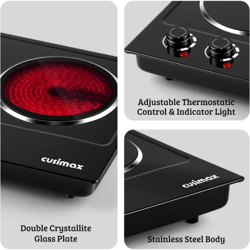 CUSIMAX Double Burner, 1800W Ceramic Electric Hot Plate for Cooking, Dual Control Infrared Cooktop, Portable Countertop Burner, Glass Plate Electric Cooktop, Stainless Steel Black