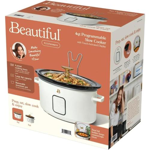 Beautiful 4-Quart Slow Cooker with Touch-Activated Display, Programmable Digital Controls, Removable Non-Stick Pot, Keep Warm Function, by Drew Barrymore (White Icing)
