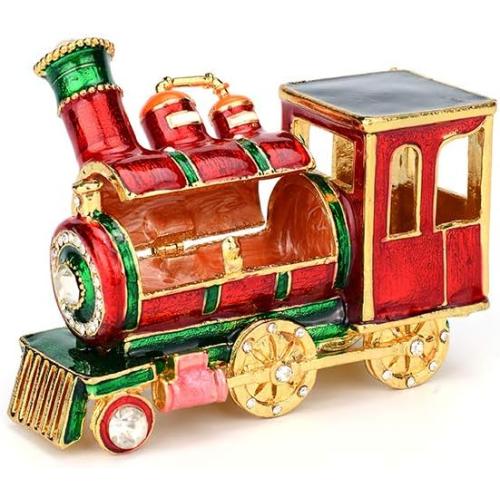 Mini Steam Train Jewelry Trinket Box Hinged Enameled Crystal Ornaments Gift for Home Decor