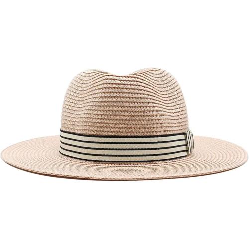 Sun Hats For Women Men Panama Wide Brim Straw Fedora Hat With Striped Band Foldable Summer Sun-Shading Floppy Hat