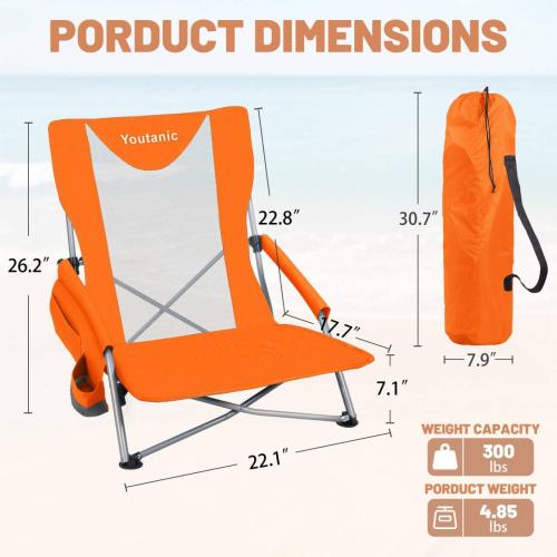 Youtanic Beach Chairs 2 Packs, Folding Portable Chair for Adults, Standard Back Extra Wide Seat with Cup Holder & Carry Bag, Lightweight Camp Chair for Outdoor, Beach, Sand, up to 350lbs, Orange
