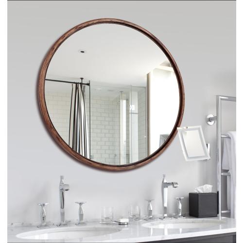 Round Solid Oak Wood Mirror, 24x24 Inch Medium Size, Walnut Frame, Modern Decorative Wall Makeup Mirror for Bathroom, Bedroom, Living Room(Walnut, 24 x 24)