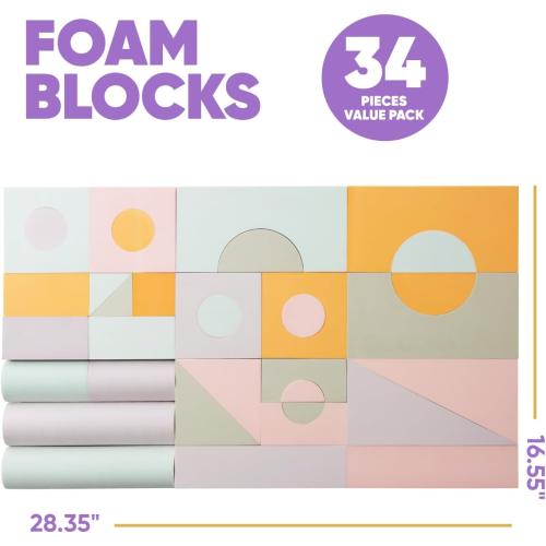 Set of 34 Jumbo Large Foam Blocks for Toddlers - Stacking Soft Blocks for Kids with Shapes & Colors Learning - Construction Building Preschool Toys - Giant Foam Bath Blocks for Toddlers 3-5 & above