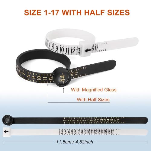 Ring Sizer Measuring Tool Kit Upgraded, 27 PCS Stainless Steel Measuring Ring Tool, US Ring Size 0-13 with Half Size, 2 PCS Reusable Finger Size 1-17 USA Rings Size with Magnified Glass