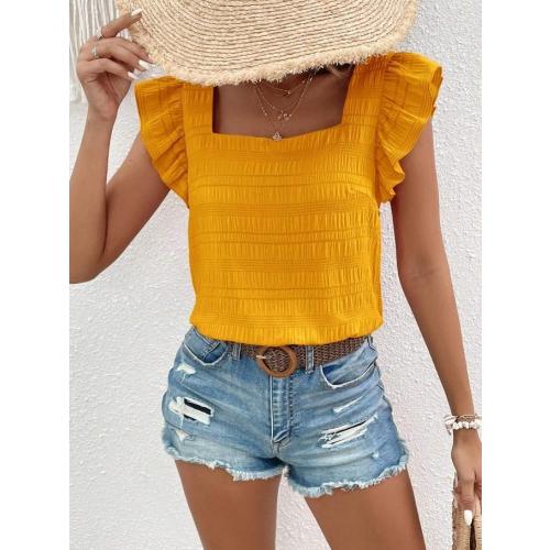 MONTEAU LOS ANGELES Women's Textured Dressy Tops Square Neck Ruffle Cap Sleeve Solid Casual Summer Blouses Shirts. SIZE MEDIUM