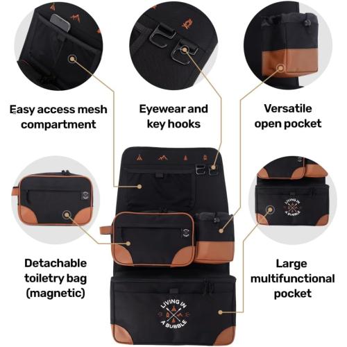 Living in a Bubble Seat back Organizer – Magnetic Toiletry and Cooler Pouch, Cordura Car Backseat Storage with Device Holder & Hooks, Multi-Compartment Utility Bag for Campervans & Family Travel