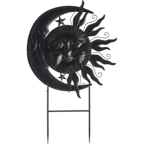 Glitzhome 36.25H Metal Sun and Moon Yard Stake, Bronze Rustic Sun and Moon Garden Stake or Antique Wall Decor
