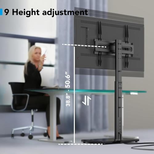 AX WABER Floor TV Stand with Power Outlet, Universal TV Stand Mount for 27-65 inch TV up to 88lbs, 70 Degree Swivel 9 Level Height Adjustable with Tempered Glass Base for Bedroom, Office Black