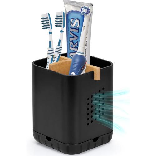 Boperzi Black Toothbrush Holders for Bathroom, Electric Toothbrush Holder with Bamboo Divider, Detachable Anti-Slip Toothbrush and Razor Holder Drainage for Shower, Toothbrush Organizer and Storage
