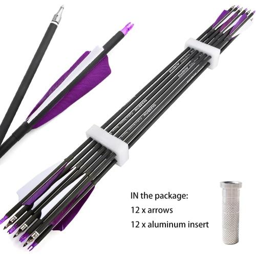 30 Inch Archery Carbon Arrows Hunting Arrows with 4” Turkey Feather Target Practice Arrows Spine 500 for Compound & Recurve &Traditional Bow 6/12pcs