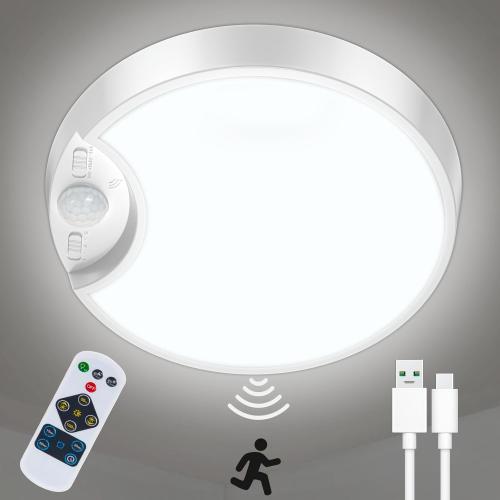 WHITE 7.8in DEEPLITE Battery Ceiling Light Motion Sensor Rechargeable Wireless Shower Light with Remote,5500K 8000mAh,Timing, Motion Activated Overhead Lighting for Closet Bathroom Hallway Porch