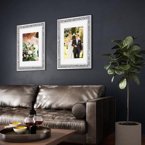 Crushed Diamond Wedding Mirror Photo Frame, Crystal Silver Glass Picture Frame For Photograph Size 11x14 inch With Mat for 8x10 inch, Pack of 2 Pieces Wall Frame. Bling Sparkle Diamond Home Decor.