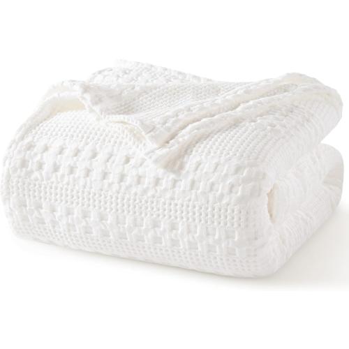 PHF Lightweight 100% Cotton Waffle Blanket for Bed, King, White