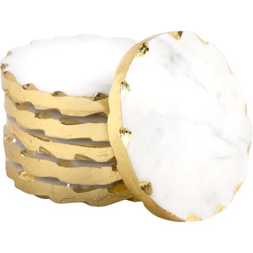 Set of 6 Real Marble Coasters with Golden Borders, decoratice White & Gold Coasters for Desk, Coffee Table | Thick & Heavy Aesthetic Coaster Set, 4 inch Dia (Gold)