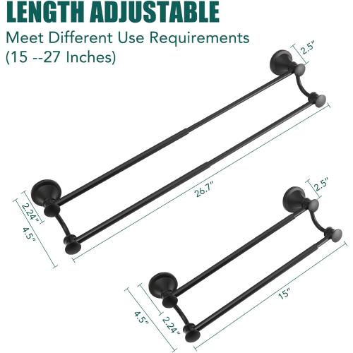 Hoimpro Adjustable Retractable 15-27 Inches Stainless Steel Bathroom Towel Bar, Bathroom Accessories Bath Hotel Double Towel Bar Rod Hanger Wall Mounted Towel Holder Towel Rack, Matte Black