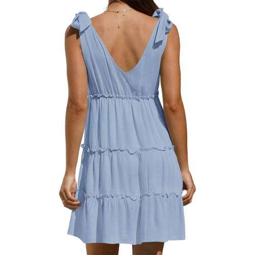 Medium Summer Dress for Women Tie Shoulder V Neck Sleeveless Tiered Ruffle Swing A Line Short Sundresses Badydoll Mini Dress