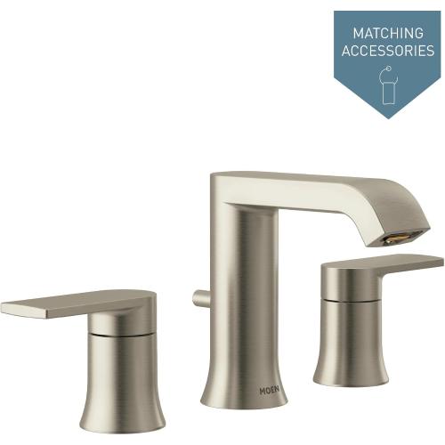 Moen Genta LX Brushed Nickel Two-Handle Three-Hole Widespread Modern Bathroom Sink Faucet with Drain Assembly, (Valve Required), T6708BN